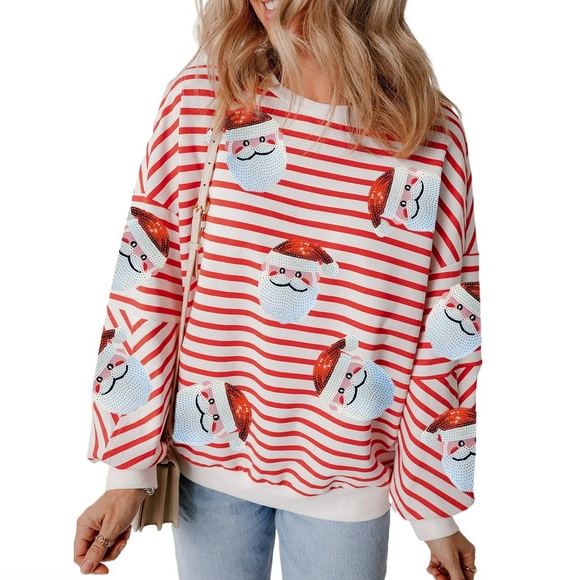 Sequin Santa Christmas Striped Sweatshirt - Picture 1 of 5
